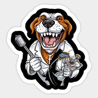 A cartoon-style illustration of an English bulldog wearing a white lab coat and holding a dental tool Sticker